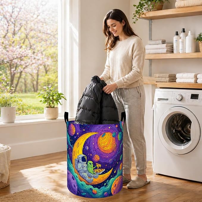 Astronaut and Alien Laundry Basket, Cartoon Space Oxford Cloth Dirty Clothes Collapsible Hamper for Room Decor, Cosmic Lovers Gifts, Toy Organizer 19.7 x 15.7 Inches for Bedroom Bathroom Dorm