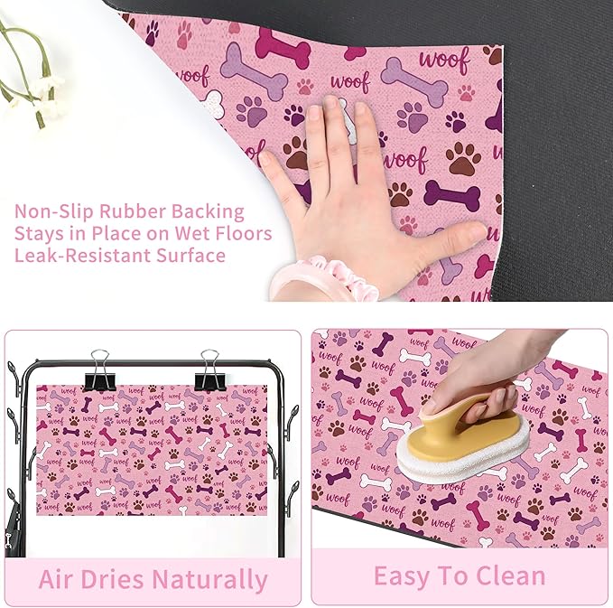 Dog Feeding Mat 30 x 17 Inch, Pink Paw Bone Woof Dog Placemat Absorbent Quick-Dry for Food and Water, Waterproof Non Slip Rubber Pet Bowl Pad Mat for Floors