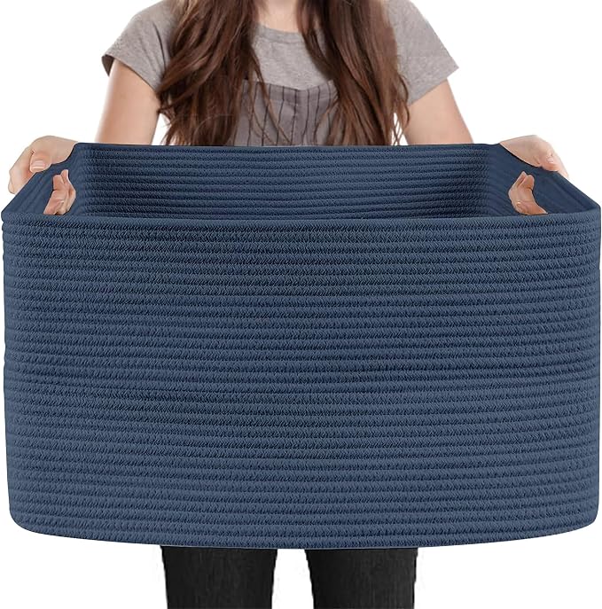 Extra Large Rectangle Storage Basket, 23.6" x 17" x 12" Dark Blue Blanket Storage for Living Room, Large Woven Cotton Rope Storage Box, Soft Kids Toy Basket Organizer Bin, Big Wicker Basket