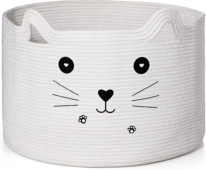 Zopeal Cat Storage Basket Woven Organizer with Ears Decorative Gift Cute Cotton Rope Pet Toy Basket for Gift Cat Dog Toy Bin Nursery Room(21.7 x 13.8 Inch,White)
