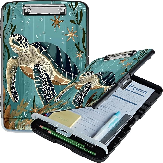A4 Clipboard with Storage Pen Holder, Clipboards Organizer Nursing Clipboard Foldable File Folder Plastic Clipboard Folio Clip Board for Office Work Classroom Doctor, Retro Turtle Ocean