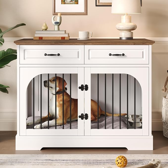 Merax 43.3" Farmhouse Dog Crate Furniture with Rotating Bowls & Drawers – Wooden Indoor Pet Kennel Side Table with Metal Bars – Stylish Dog House for Medium to Large Breeds, White & Brown
