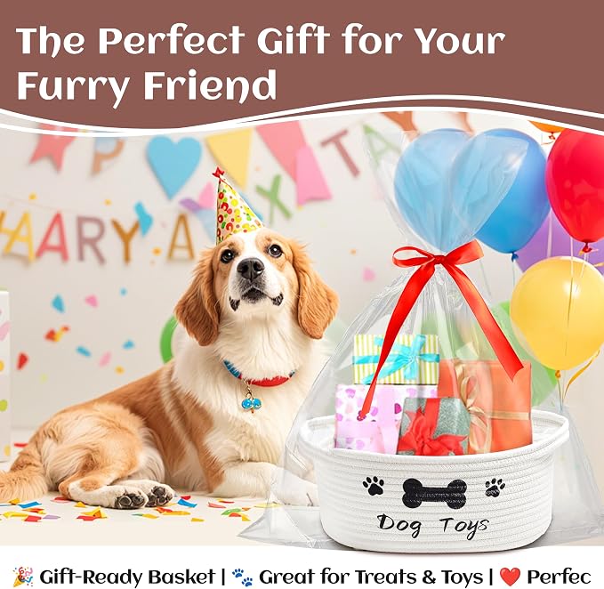 Bufims Small Woven Dog Gifts Basket for Storage Empty Dog Toy Bins Organizer with Ribbons and Bags Durable Cute Pet Gifts 12"X 8" X 5" Small Rope Basket for Gifting