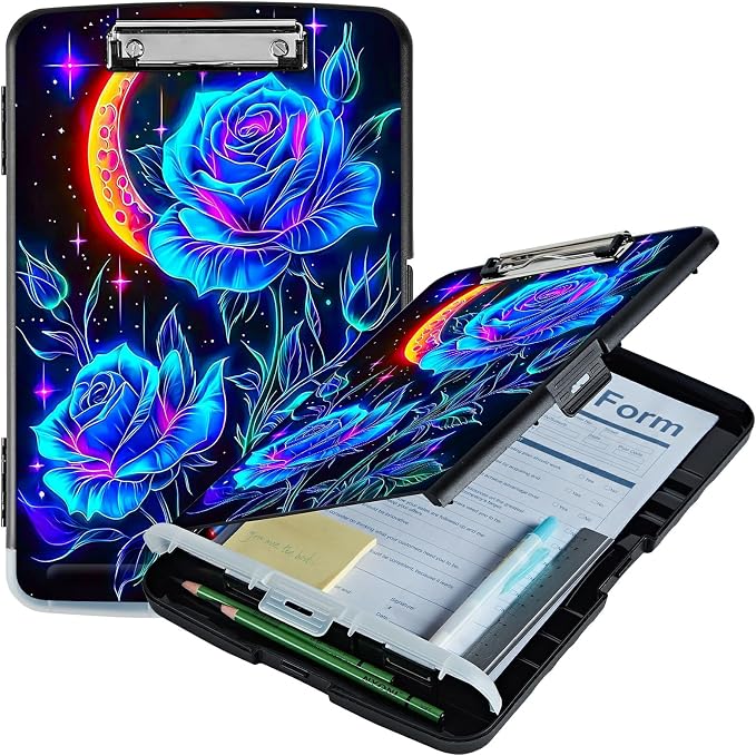 Blue Rose Moon A4 Clipboard with Storage Pen Holder, Clipboards Organizer Nursing Clipboard Foldable File Folder Plastic Clipboard Folio Clip Board for Office Students Classroom Doctor