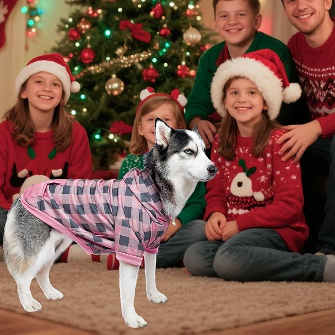 KOOLTAIL Plaid Dog Hoodie Pet Clothes Sweater with Hat and Pocket for Small Medium Large Size Dogs, Soft Winter Warm Dog Cold Weather Coat, Fleece Fall Dog Hooded Sweatshirt for Puppy Cats, Pink L