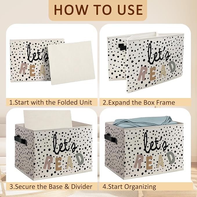 Boho Nursery Book Foldable Storage Bins Box with Handles, Let's Read Classroom Decorative Storage Boxes Baskets Toybox Organizer for Reading Nook Corner Room Home Library Kids Bedroom