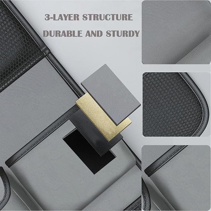 Leather Car Seat Back Organizer with Foldable Tray Table, Backseat Car Organizer with Tablet Pocket, Cup Holders, Tissue Pocket, Mesh Pockets, Kick Mat, Gray, 1 Pack