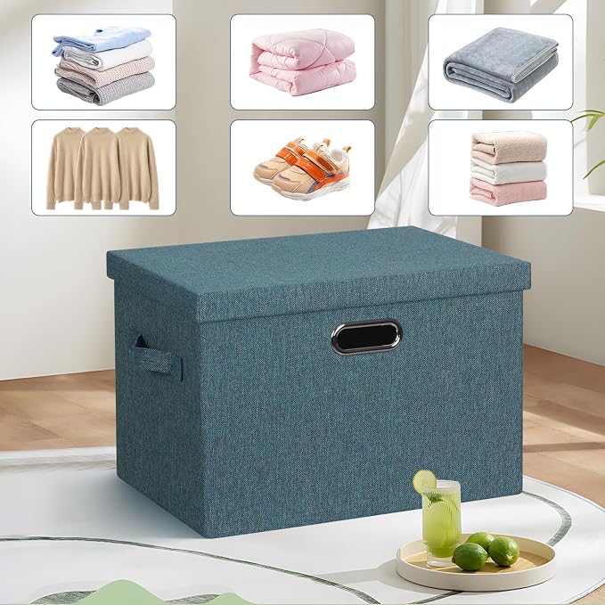 Storage Bins with Lids Fabric Closet Organizers Cubes Office Organization | 36 Quart 3 Pack Blue-Green Collapsible Stackable Linen Fabric 4 Handles Bedroom Closet Cabinet Under Bed Clothes Toy Office