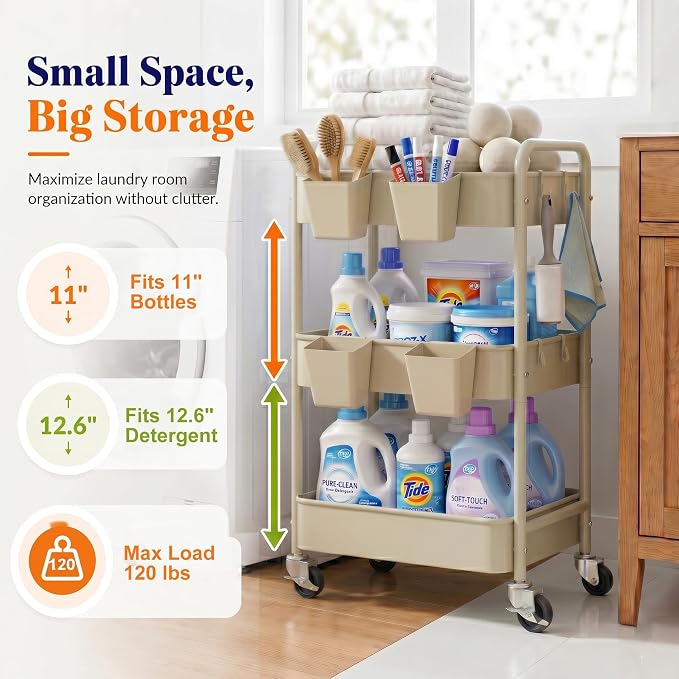 3 Tier Beige Rolling Storage Cart Metal on Wheels, Cream Three Tiered Diaper Caddy with Wheels,Utility Organizer Trolley for Nursery,Postpartum,Art,Craft,Khaki Roller Bedside Carts for Baby Essentials