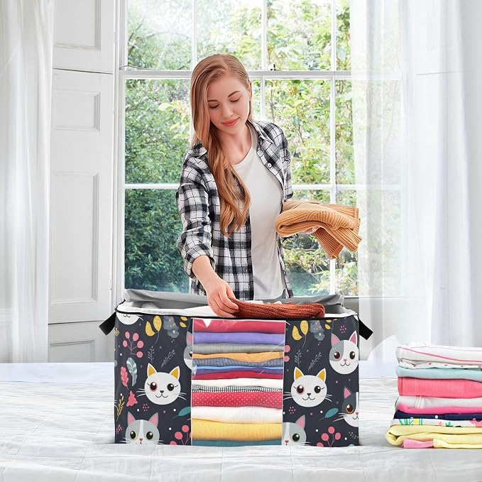 Cute Cats Plant Black Clothes Storage Bag Bins 2 Pack Foldable Storage Containers Large Closet Organizer with Zipper Under Bed Storage for Bed Sheets Comforters Clothing 60L