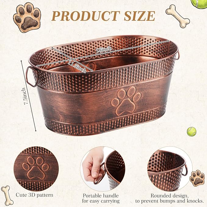 Zonon Metal Dog Toy Storage Bin with Handles 21 Quart Vintage Decorative Basket for Dog Ropes Food Living Room Decor, Galvanized Steel Pet Toy Organizer, 18x11.5x7.5 Inch (Dog's Paw)