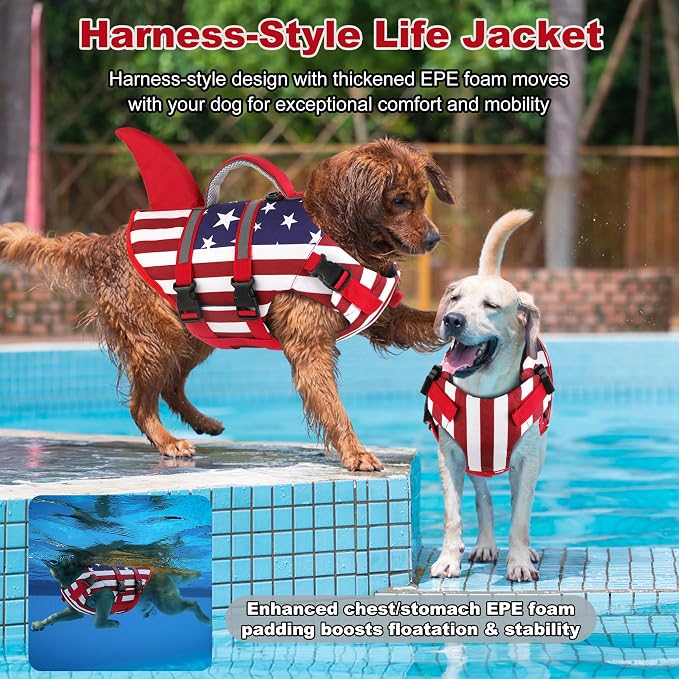 Dogcheer Dog Shark Life Jacket, Dog Harness Life Vest - US Flag,XS | High Buoyancy American Flag Puppy Swim Vest for Swimming Boating, Reflective Dog Float Vest DFD for Small Medium Large Dogs