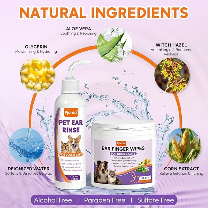 Pjordo Pet Ear Cleaner Kit - Dog Ear Cleaner with Aloe Vera & Witch Hazel, Dog & Cat Ear Cleaner Solution for Soothing Ear Itching & Deodorize, Ear Wipes for Dogs & Cat Gently Removing Ear Wax & Dirt