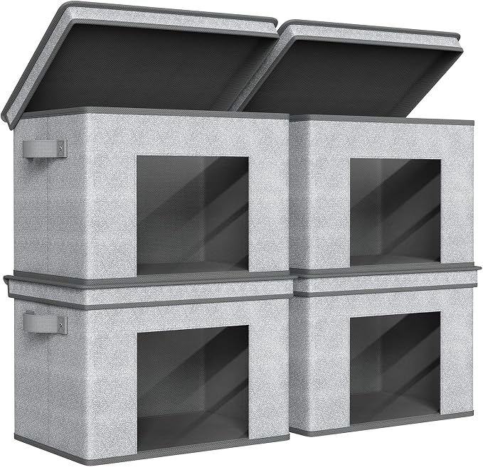 Univivi Fabric Storage Bins with Lids for Closet, 4 Pack, Grey | Fabric Foldable Storage Boxes, Sturdy Collapsible Storage Bins with Clear Window, Storage Bins for Home, Closet, Shelves
