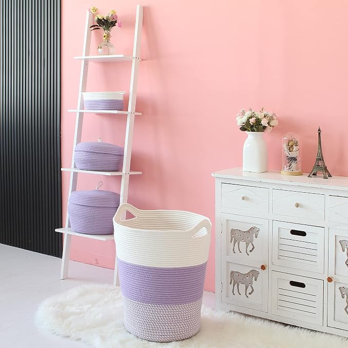 Sea Team Large Woven Cotton Rope Laundry Basket with Handles, 20 x 14 in | Collapsible Knitted Hamper, Closet Shelf Organizers, Containers for Clothing, Blankets, Toys, Bedding, Mottled Lavender