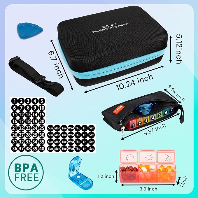 Monthly Pill Organizer, Medicine Organizer Box with Portable Hard Shell and Pill Cutter, 31 Day Pill Holder with Weekly Pill Bag (Blue, 3 Times a Day)