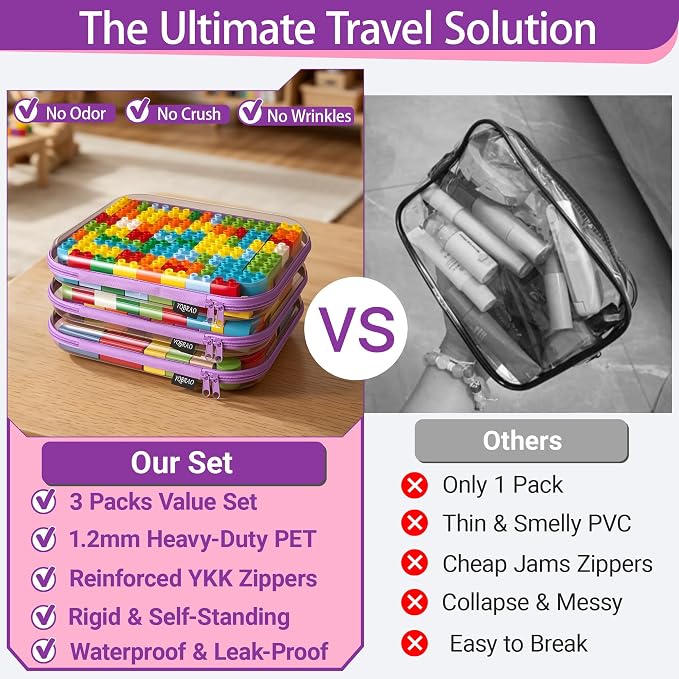 YQBRAO Clear Hard Shell Zipper Cases, 3 Large Travel Organizers, Purple | Rigid 1.2 mm PET and YKK dual zippers for full-size toiletries, makeup palettes, electronics and craft supplies
