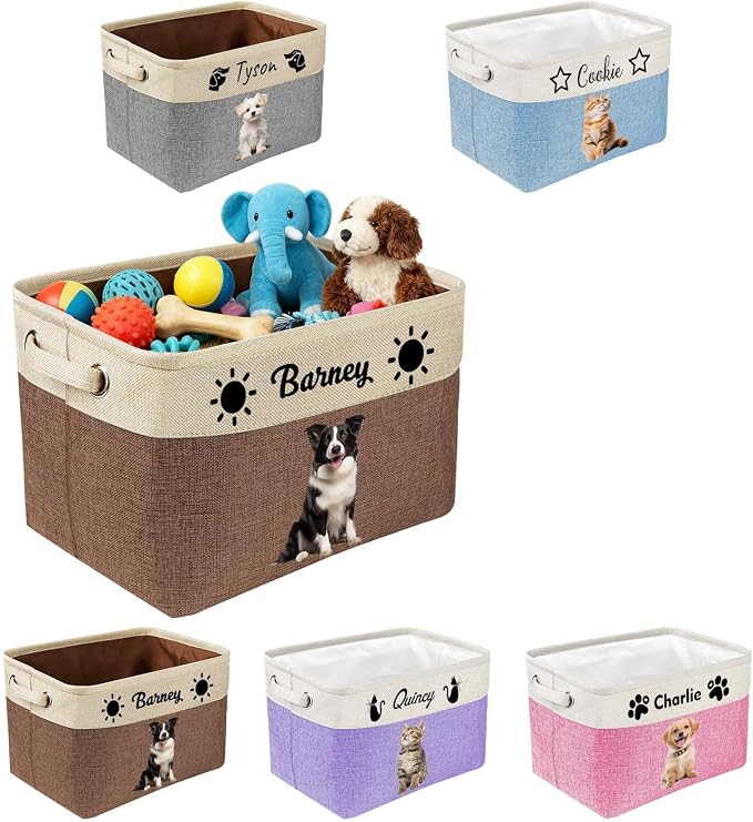 Personalized Dog Toy Storage Basket with Photo Name | Custom Dog Food Organizer Fabric Bins for Clothes Blankets Dolls-Brown