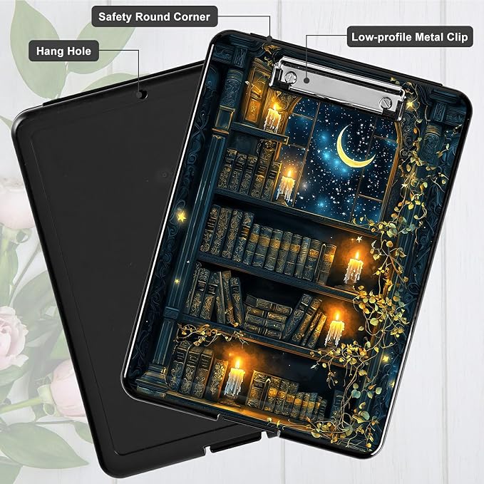 Heavy Duty Storage Clipboard, Slim Nursing Clipboard with Internal Pen Case, Portable File Organizer Case for A4 Letter Size Paper Office Medical Professionals, Vintage Candle Books