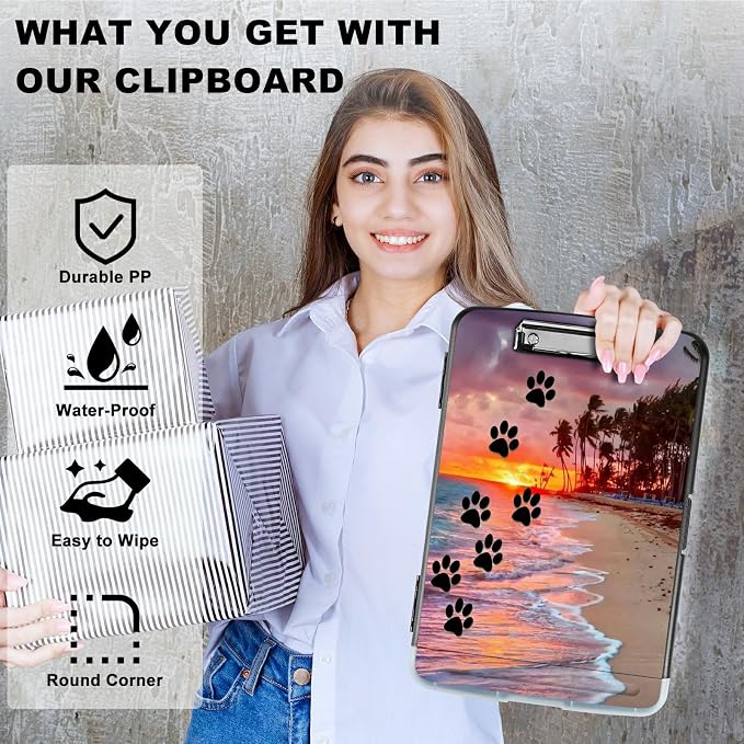A4 Clipboard with Storage Pen Holder, Clipboards Organizer Nursing Clipboard Foldable File Folder Plastic Clipboard Folio Clip Board for Office Students Classroom Doctor, Dog Paw Print Beach