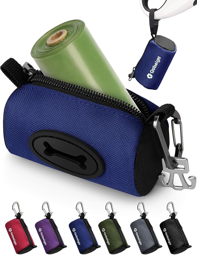 Gobeigo Dog Poop Bag Holder with Used Waste Bag Carrier(Navy Blue) | Large Opening for Easy Dispensing, Carabiner & Hook-and-Loop Strap Fits Any Leash, Includes 15 Unscented Waste Bags