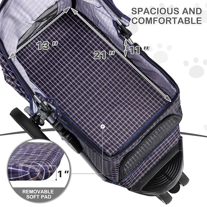 MoNiBloom Pet Stroller for Small/Medium Dogs and Cats up to 33 lbs, Plaid | Foldable Dog Stroller 3 Wheels Pet Strolling Cart w/ Storage Basket Cup Holder, Breathable and Visible Mesh for All-Season