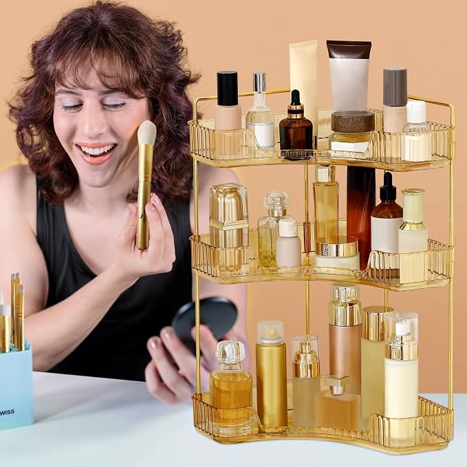 Corner Bathroom Counter Organizer Bathroom Countertop Shelf Makeup Organizer for Vanity Perfume Tray for Corner Storage (3 Tiers, Gold)