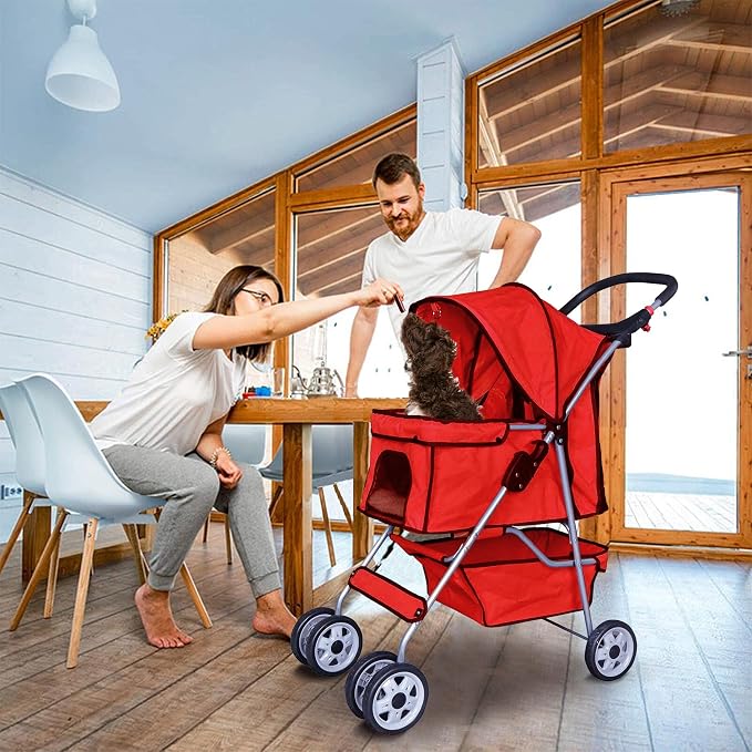 Pet Stroller,4 Wheels Dog Stroller with Storage Basket,Compact Portable Folding Carrier for Travel,Camping,Dog Carrier for Small Medium Dogs Or Cats,Lightweight Waterproof Pet Stroller,Red