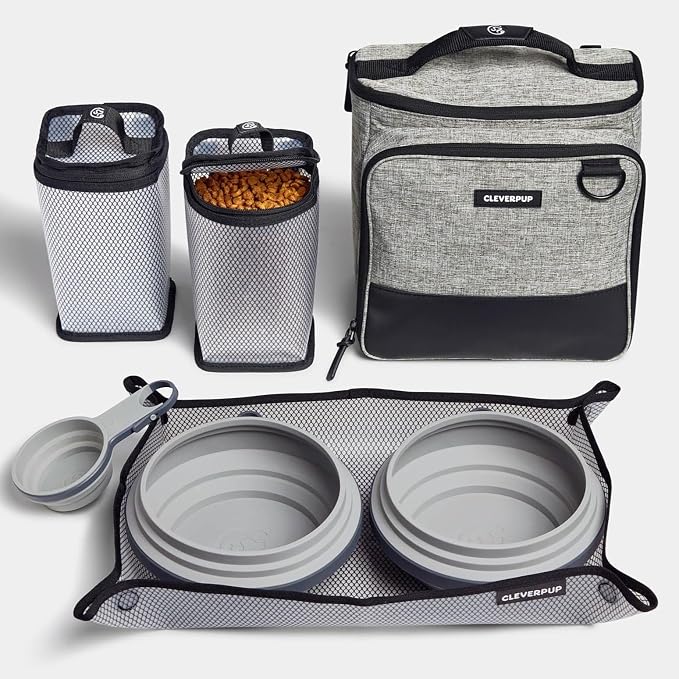 Large 7-Piece Bistro Box Dog Food Travel Kit, 12-BPA-Free Cup Kibble Storage, 2 Silicone Bowls, Mat & Scoop - Portable Pet Food Kit for Weekends, Overnights, Daycare & Camping, Heather Grey
