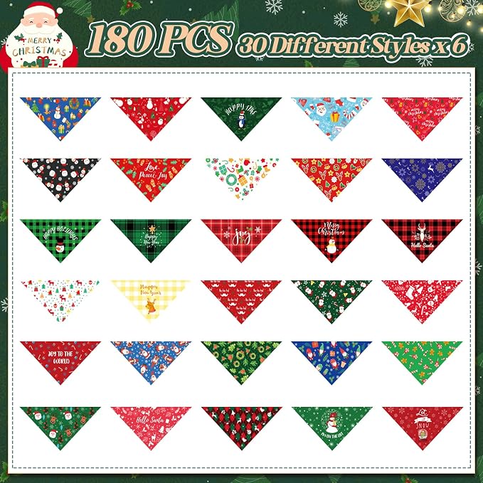 Sanwuta 180 Pcs Christmas Dog Bandanas Bulk Xmas Pet Scarf, Santa | Holiday Bibs for Small Medium Dogs Cats, Bulk Kerchief Set Grooming Shops, Xmas Costume Outfit Party Supplies Accessories