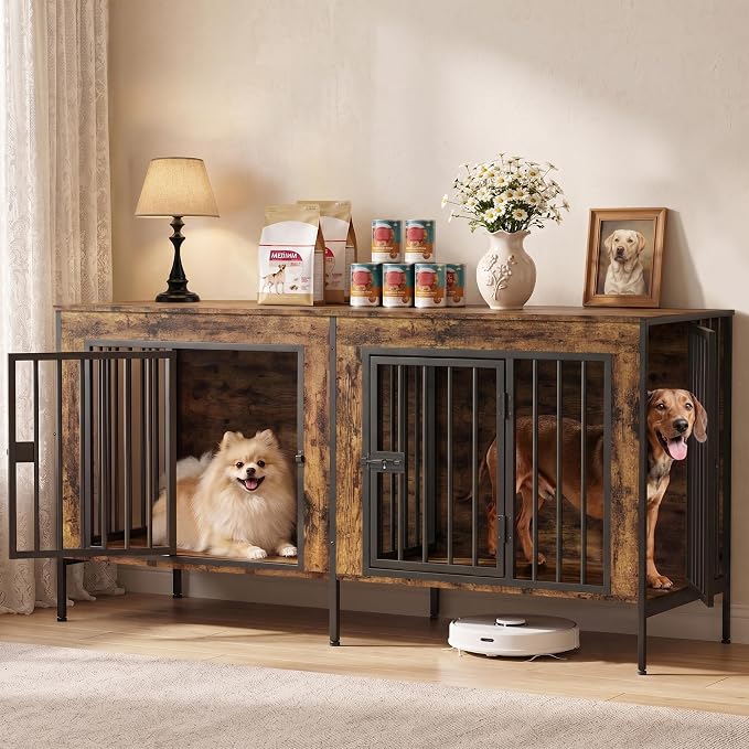 EasyCom 55" Wooden Double Dog Crate Furniture, Removable Divider, Brown | Raised Legs, For 1–2 Small to Medium Dogs, Multiuse TV, Plant & Display Stand