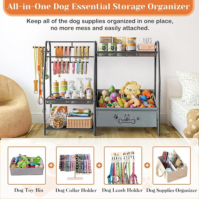 Lomivra Large Dog Toy Basket with Dog Storage Organizer, Trapezoid Toy Bin Box with Collar Leash Holder Hook, Dogs Toy Holder Chest Pet Storage Cabinet for Living Room Dogs Essentials