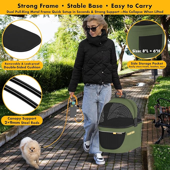 PAWZIDEA Pet Stroller 4-in-1, Foldable Cat Stroller with Detachable Carrier | Escape-Proof No-Zip Canopy, Portable Travel Crate & Car Seat Combo, for Small to Medium Dogs & Cats up 33 lbs, Storage Basket