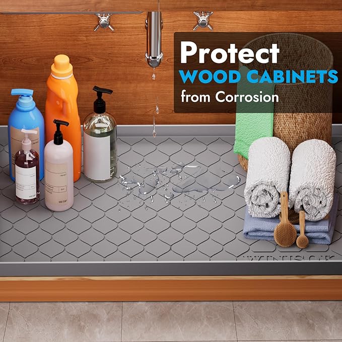 Winisok Waterproof Under Sink Mat 34" x 19", Silicone Mat, Brown | Raised Edge Traps Spills & Leaks, Shelf Liner, Cabinet Protector, for Kitchen, Bathroom, Boots, Pets, Home Essentials