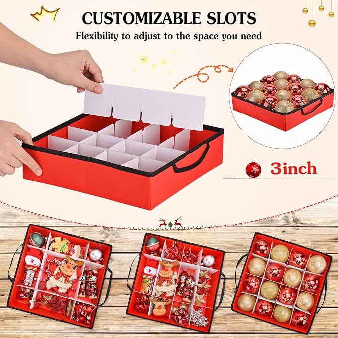 2-in-1 Christmas Ornament Storage Box & Xmas Figurine Container, Premium Christmas Ornament Storage Container - Holds Up to 64pcs-3” Ornaments, Adjustable Dividers, 4 Individual Trays -Red