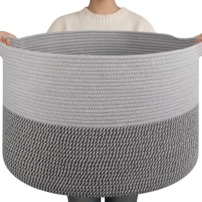 OIAHOMY 90L XXXLarge Blanket Basket for Living Room, 21.7" x 13.8" Woven Cotton Rope Laundry Basket for Organizing Pillows, Decorative Stuffed Animal Toy Storage for Nursery, Lighe Grey and Dark Grey