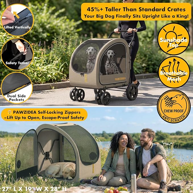 PAWZIDEA 3-in-1 Large Dog Stroller with Detachable Carrier, 45% Extra Tall | Dog Crate Car Travel for 2 Medium Dogs Sit Upright, Foldable Jogger Pet Stroller All-Terrain Up to 100lbs, Storage Organizer