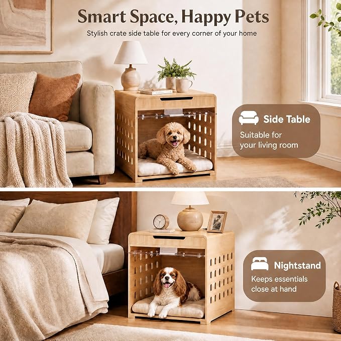 Modern Dog Crate Furniture Wooden Kennel with Charging Station End Table | Nightstand, Dog Cage, with Flip-Up Acrylic Door, Storage Drawer, for Medium Small Dogs, up to 50 lb, Living Room Bedroom, Oak