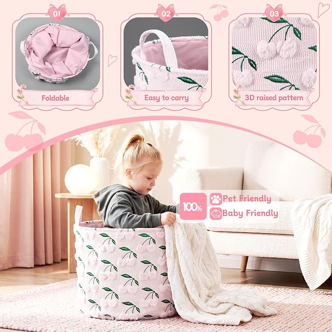 LemonRoad Extra Large Basket 20"x14", Woven Basket for Laundry Blanket Toy Box with Handle Storage, Blanket Storage for Living Room Nursery Pillows Chest(Pv Plush,Cherry,Pink)