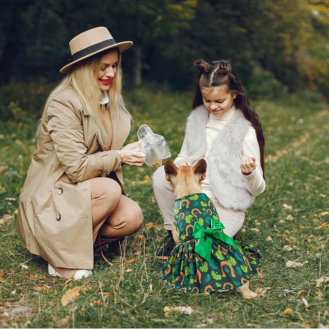 St. Patrick's Day Dog Costume Dress L, Green Clover and Horseshoe Print with Satin Bow, Pet Dress for 11-13 lbs Dogs and Cats, Festive Holiday Clothing