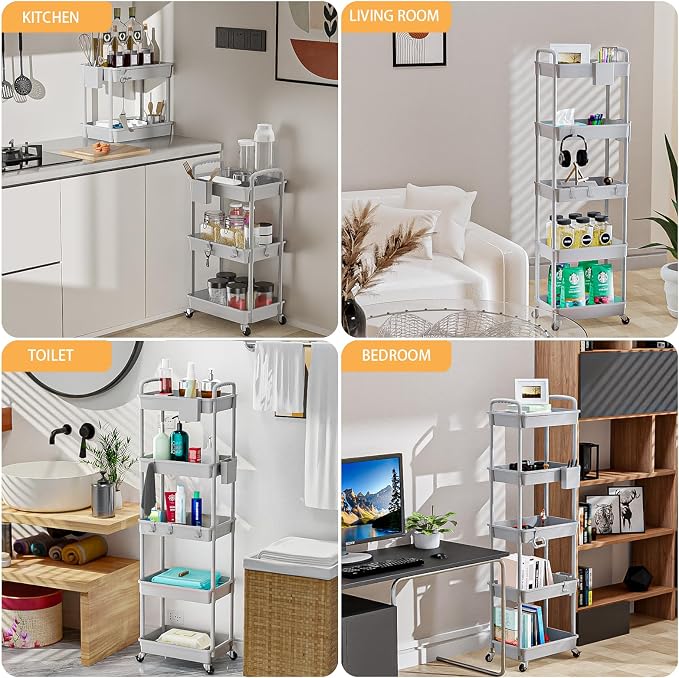 5 Tier Rolling Utility Cart with Handle,REBECAT Utility Cart Made of Multifunctional Storage Organizer Tool for Kitchen,Bathroom,Living Room,Office(Gray)