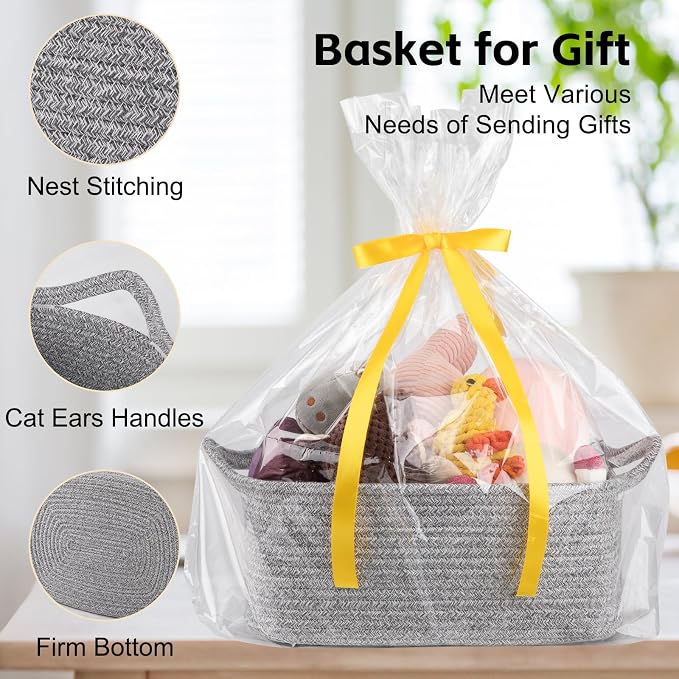 OIAHOMY Woven Basket, Gift Basket Empty with Gift Bags and Ribbons, Rope Baskets for Baby Showers, Storage Baskets with Handles for Nursery, Pet Toy Organizer - Grey