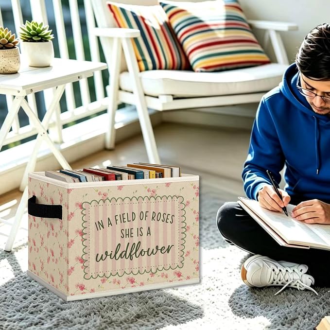Wildflower Nursery Cube Storage Bins with Handles, in a Field of Roses She Is a Wildflower Girls Collapsible Fabric Storage Basket Boxes Books Clothes Organizer for Girls Bedroom Bathroom