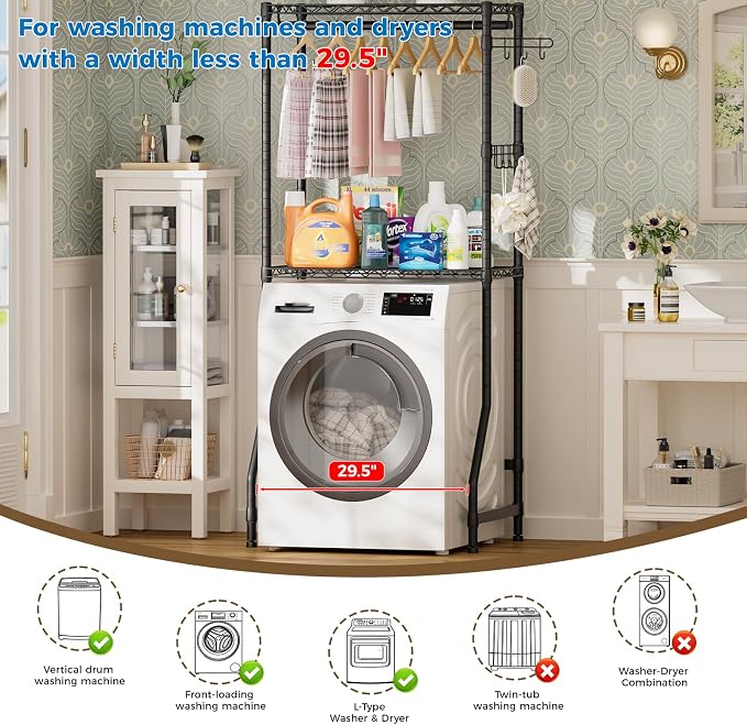 Golpart Laundry Organizer Shelves Over the Washer and Dryer Storage Shelf | Heavy Duty Laundry Room Organization Clothes Drying Rack Adjustable Height Wire Shelving and Wire Basket with Hanger Rod