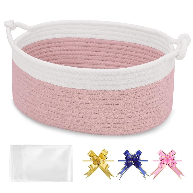 Small Empty Gift Basket with Bag & Ribbons, White & Dusty Pink | 12“x8”x5”, Cotton Rope Woven Basket for Birthdays, Baby Showers, Mother's Day, Christmas; Stores Small Items, Kids & Pet Toys