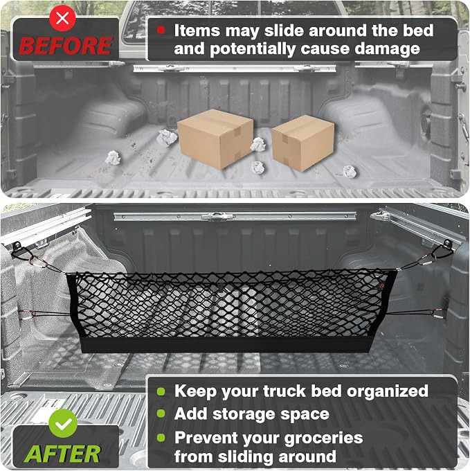 Muslogy Cargo Net for Nissan Frontier 2022-2025 2026 Accessories | Custom Fit, Truck Bed Storage Organizer Net for Pickup Truck Bed Divider, Heavy Duty Carabiners, Night Visible Grab Handle