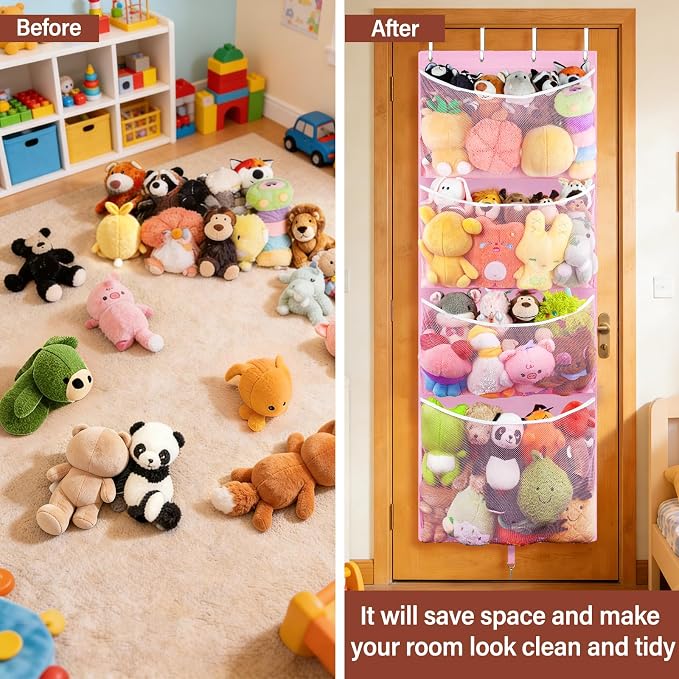 Over Door Stuffed Animal Storage, Hanging Plush Toy Organizer Holder | Behind Door Organizer with 4 Large Pockets, Mesh Hammock Bag for Doll & Bear Stuffies, Idea for Girl Boy Kid Nursery Closet