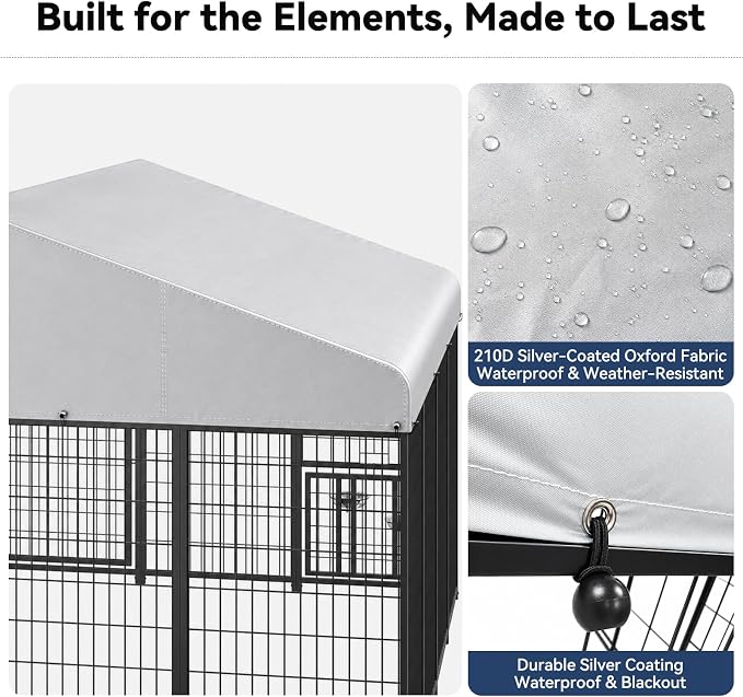ROOMTEC 10 x 10 FT Outdoor Dog Kennel Cover, Replacement Canopy Only | Silver, 210D Coated Oxford, Waterproof, UV, 18 Secure Fasteners, Designed for ROOMTEC Kennels