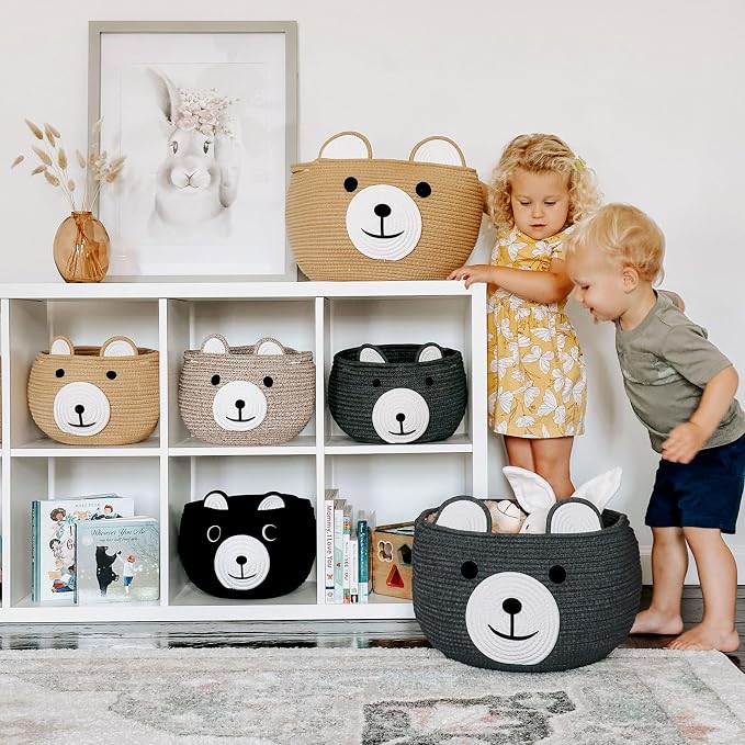 CherryNow Baby Basket for Gifts Empty, Cute Bear Design, Grey | 10.5" x 8.5" Woven Rope Baby Shower Basket, Fits Living Room Nursery Decor, Gift Baskets Empey for Kids Boys