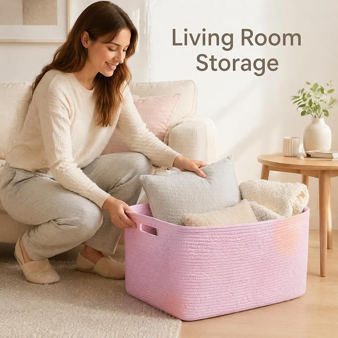 Cotton Rope Laundry Basket Extra Large, 22.8GAL Collapsible Woven Storage Baskets for Living Room Kids Toys Stuffed Animal,Boho Rectangular Decorative Hamper for Dirty Clothes, Blankets Light Pink